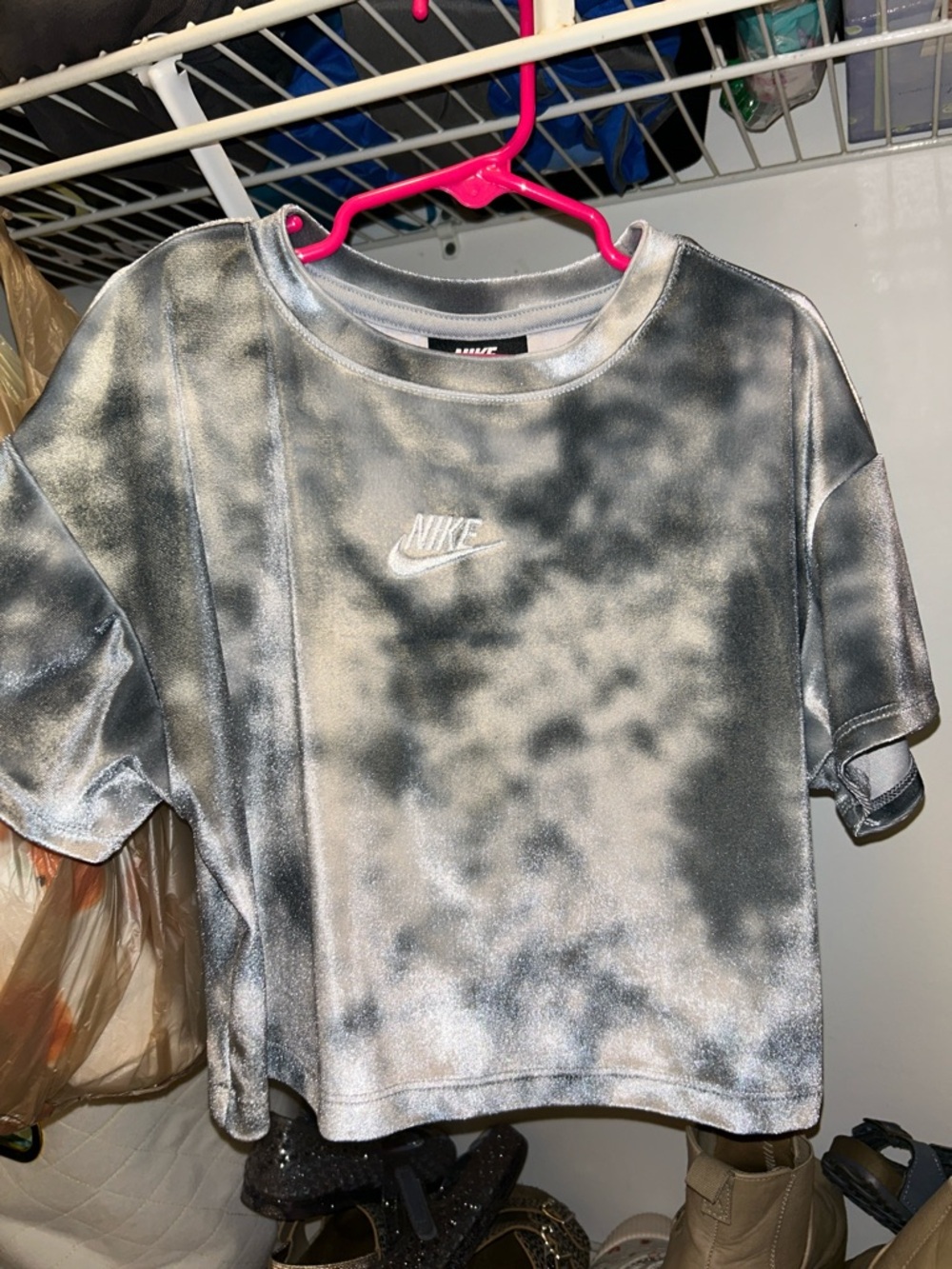 Nike Kids Silver and Gray Tie-Dye Crop Tee